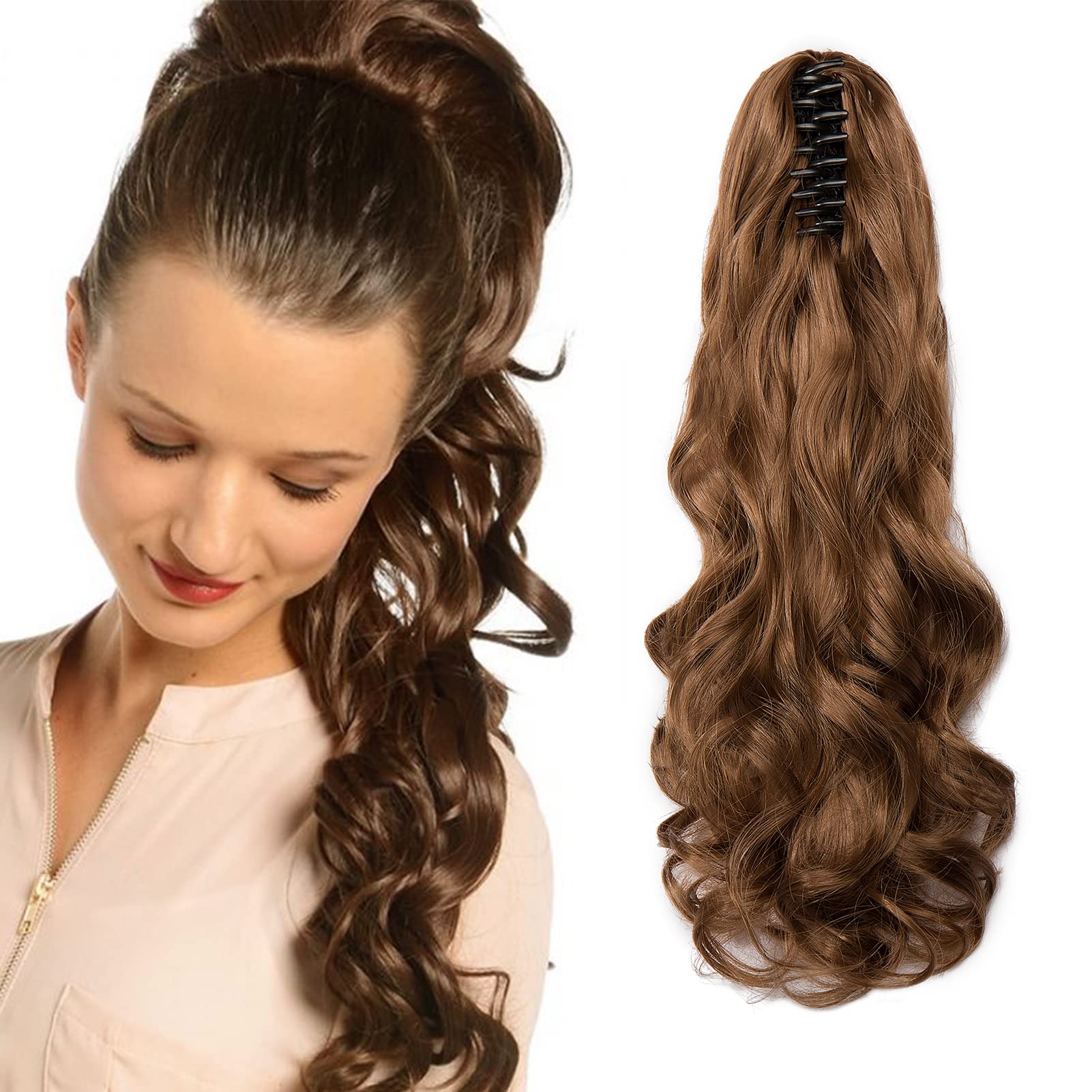 Curly Ponytail Exension Claw on Ponytail Hair Extensions Clip in Hairpieces Synthetic Long Jaw Wave Pony Tail Extension for Women, Golden Brown