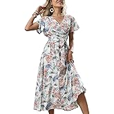 Women's Boho Summer Wrap Midi Dress - Palm Leaf Floral Print V-Neck Ruffle Short Sleeve Casual Beach Vacation Dress