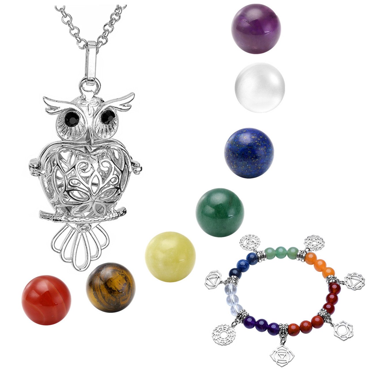 QGEM Bijoux Ensemble Pierre Chakra Collier de Pendentif Médaillon Locket Ouvert Hibou Géométrie avec 7pcs Boules + Bracelet