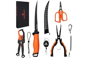 BasicGear Fishing Tool Set – 7” Pliers, 9.5” Fish Lip Gripper, 4.5” Scissors, 7” Fillet Knife, Retractable Clip & Steel-Core Tether, Rust-Resistant Multi-Tool Kit for Anglers