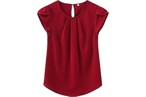 TASAMO Woman Shirts Basic Chiffon Round Neck Keyhole Back Pleated Casual Cap Sleeves Tee