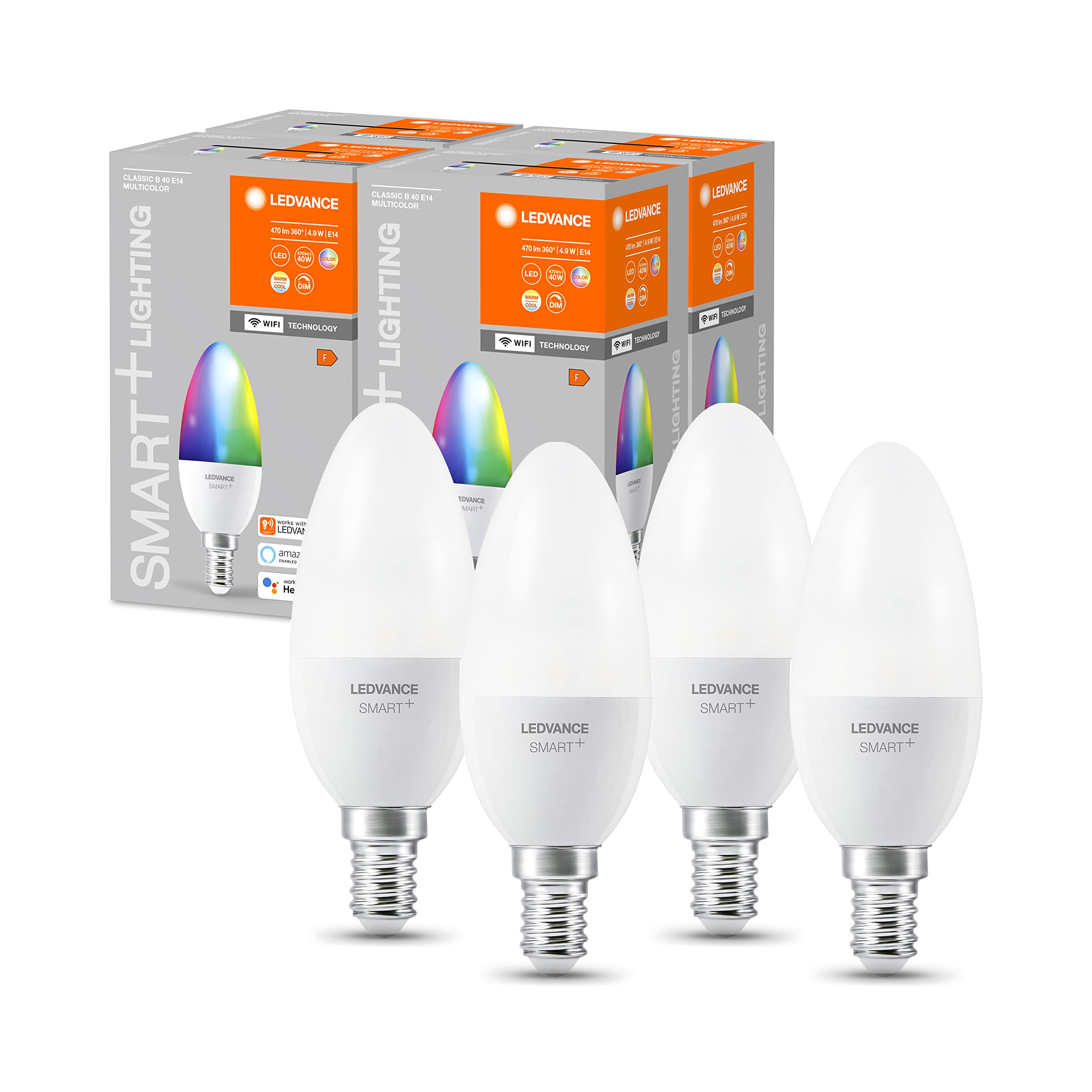 LEDVANCE Smart LED lamp with WiFi Technology, E14 Base, Dimmable, Light Colour Changeable (2700-6500K), RGB Colours Changeable, Replaces Incandescent Lamps with 40 W, 4-Pack