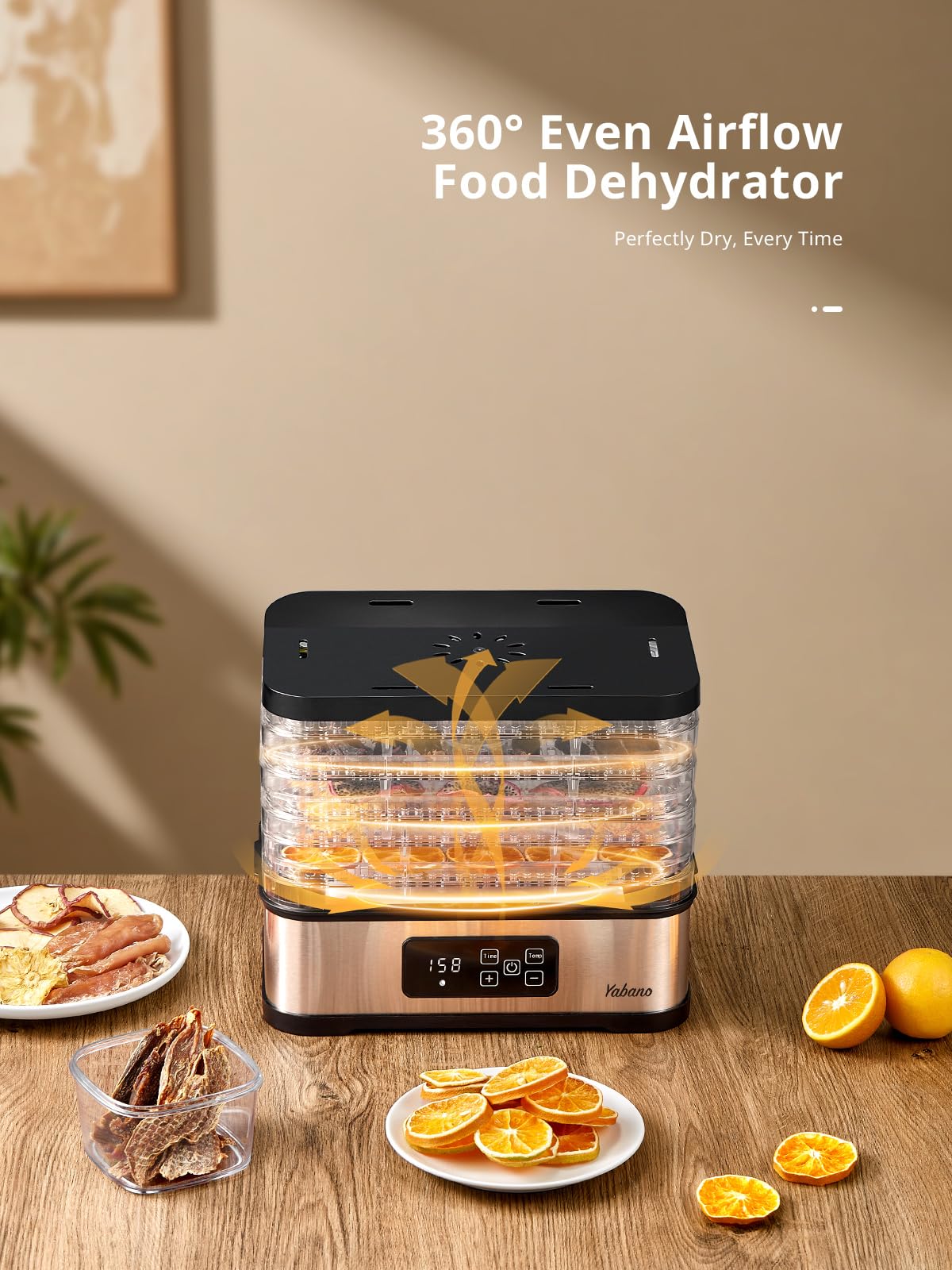 Yabano Food Dehydrator Machine for Home Use, 250W Electric Dryer with Adjustable Timer & Temperature Control, 5 Trays - Digital Presets for Fruit, Meat, Herbs, Jerky