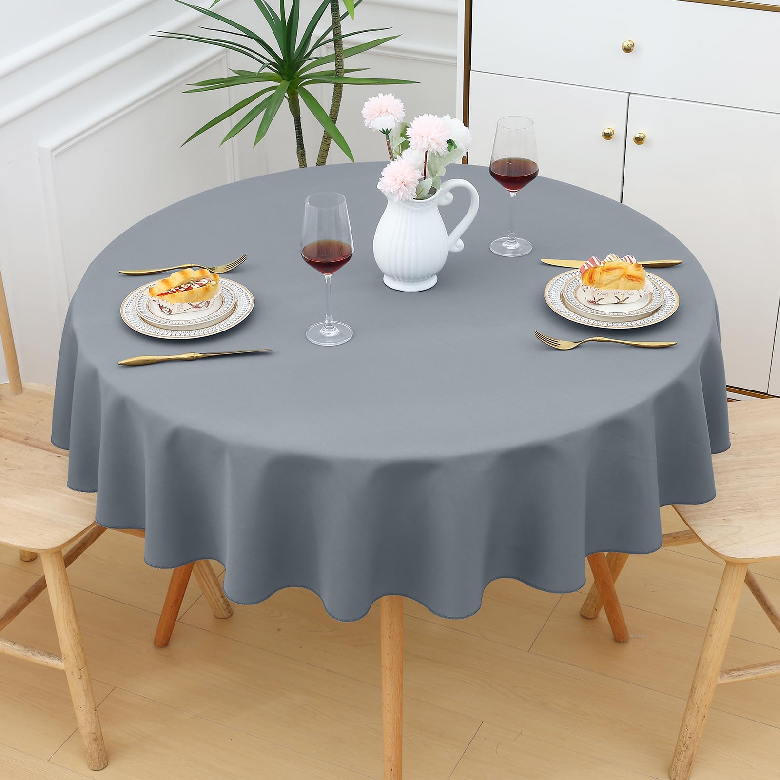 smiry Table Cloth Wipe Clean Round 150 cm, Wipeable Water Resistant Polyester Tablecloth, Washable Fabric 4 to 6 Seater Dining Table Cover for Kitchen Indoor Outdoor, Grey — image 1