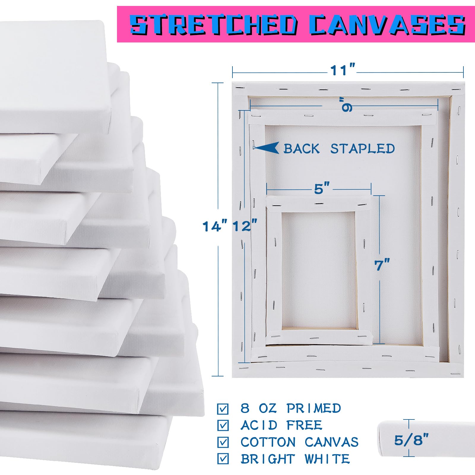 32 Packs Professional Stretched Canvas for Painting, Blank Canvas Art with 5 * 7in, 9 * 12in, 11 * 14in, Value Pack for Acrylic, Oil, Acrylic Pouring