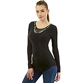 AmélieBoutik Women Cotton Blend Crochet Lace Inset Curved Hem Blouse