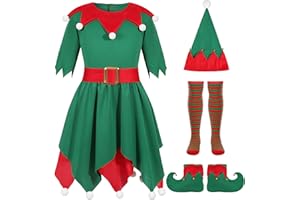 Frekuyrt Girls Elf Costume Set Kid Christmas Elf Dress with Hat Shoes Belt Socks