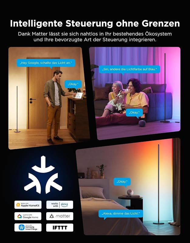 RGBIC LED Stehlampe Wohnzimmer, WiFi Stehlampe 1000lm Dimmbar Schwarz