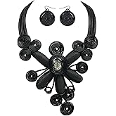 JHWZAIY Chunky African Jewelry Statement Necklace For Women Tribal Fashion Costume Earring Set Unique Rhinestone Crystal Gold Wire Wrapped Big Wood Pendent Collar Choker Bib Handmade