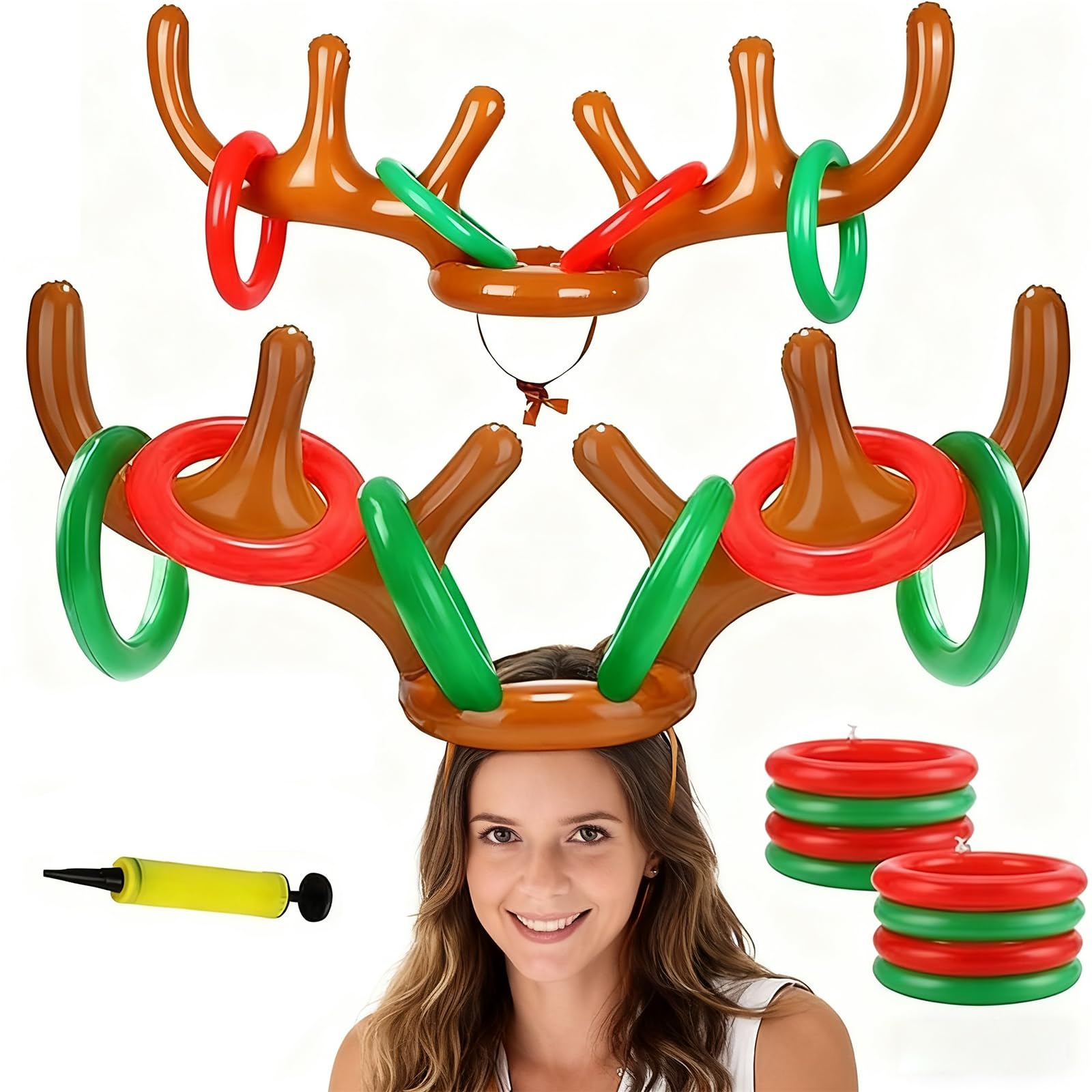 Photo 1 of 2 Set Inflatable Reindeer Antlers Ring Toss, Indoor Outdoor Xmas Fun for Families Gifts(2 Antlers 8 Rings & 1 Hand-held Pump)