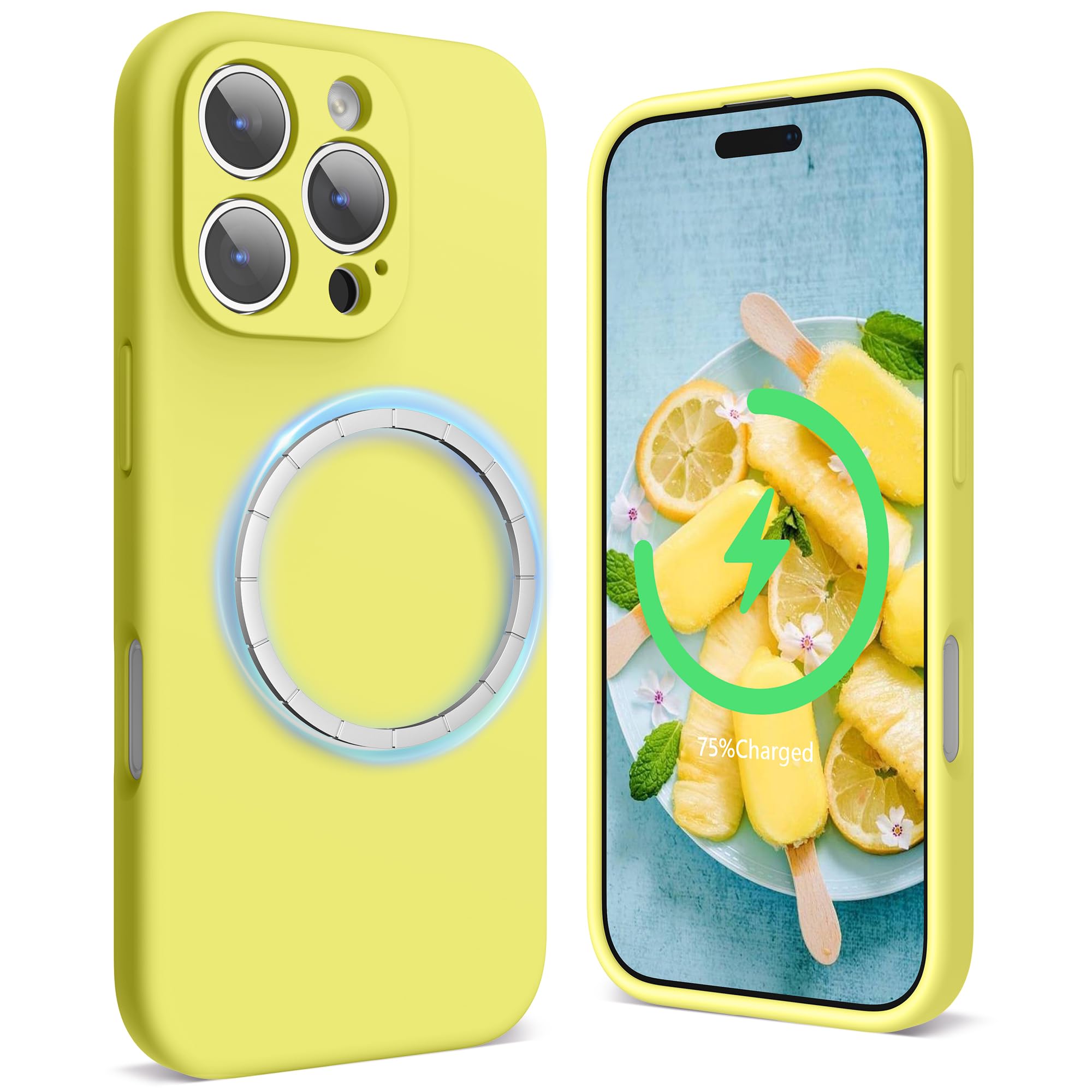 SURPHY Magnetic Design for iPhone 16 Pro Case, Liquid Silicone Protection for Each Lens Shockproof Gel Rubber Phone Case for iPhone 16 Pro 6.3 inch 2024, Yellow