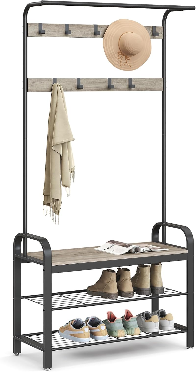VASAGLE Coat Rack 4-in-1 with Shoe Bench and 9 Removable Hooks Greige Black