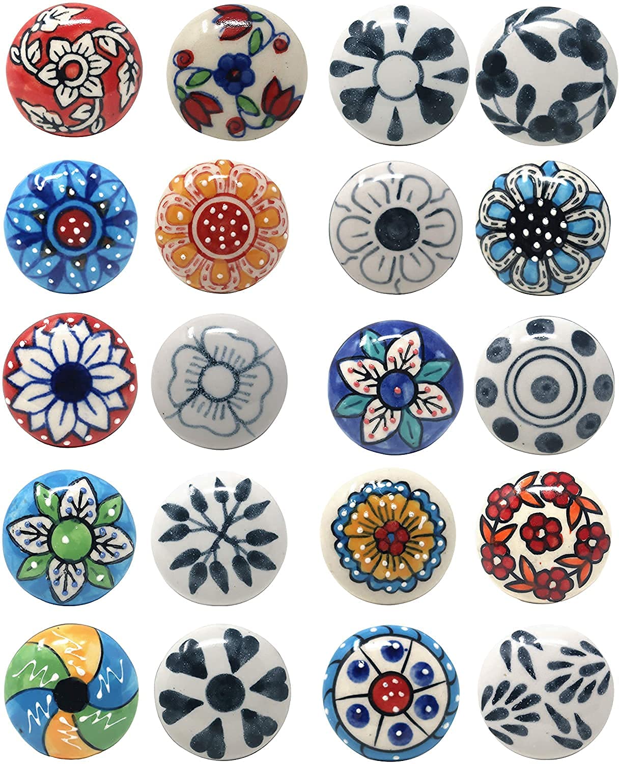 Ajuny Set of 20 Ceramic Knobs Multicolor Floral Cupboard Door Drawer and Furniture Pulls for Kitchen Bathroom Cabinets Dresser Drawers Handmade Decorative Colorful Knobs