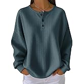 Women's Waffle Knit Henley Top Long Sleeve V-Neck Button Up Shirt Loose Fit Casual Blouse