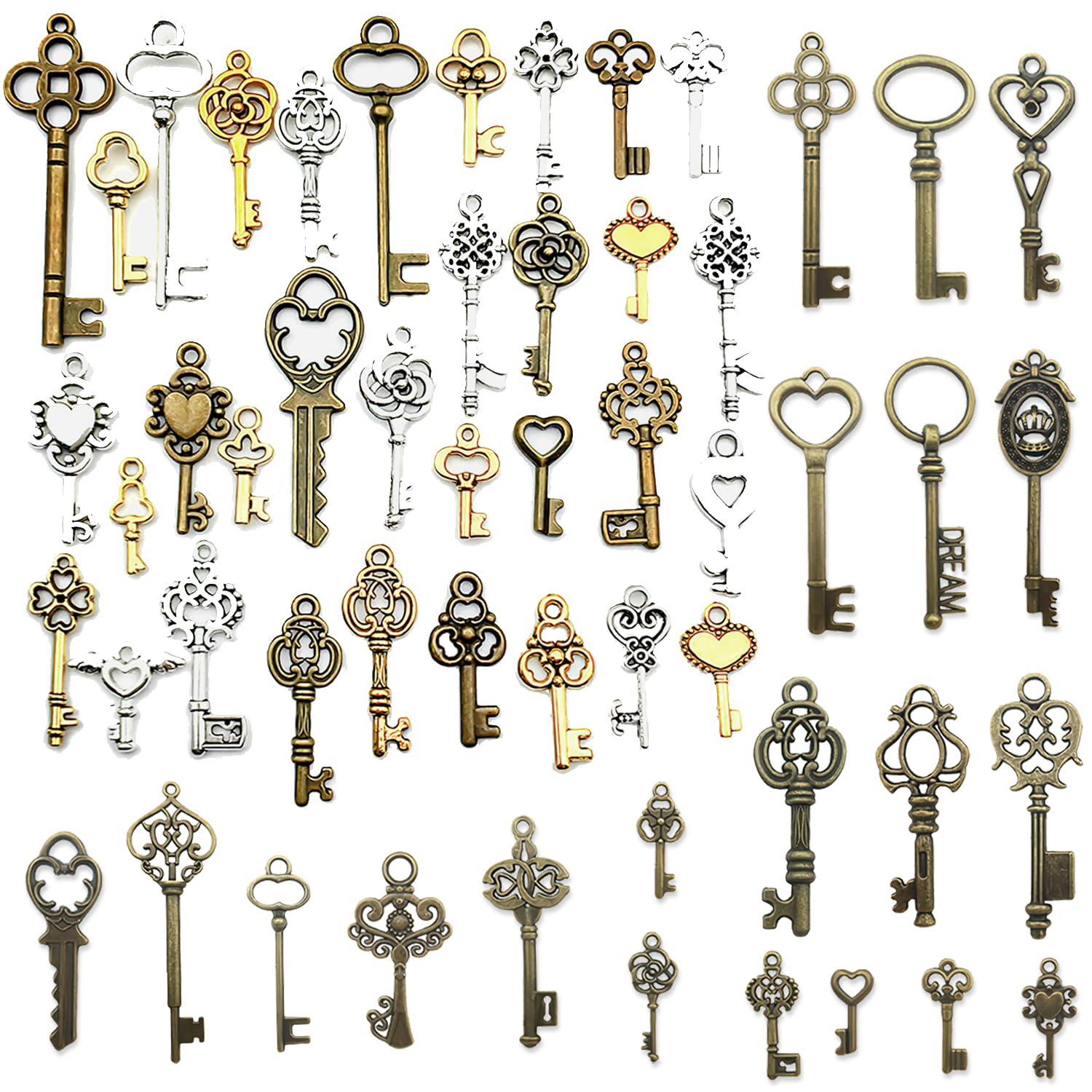 RUGBOL 50 Pcs Key Charms, Skeleton Key Necklace Key Chains Vintage Decor Key Chains for Craft Wedding Decoration DIY Jewelry Making
