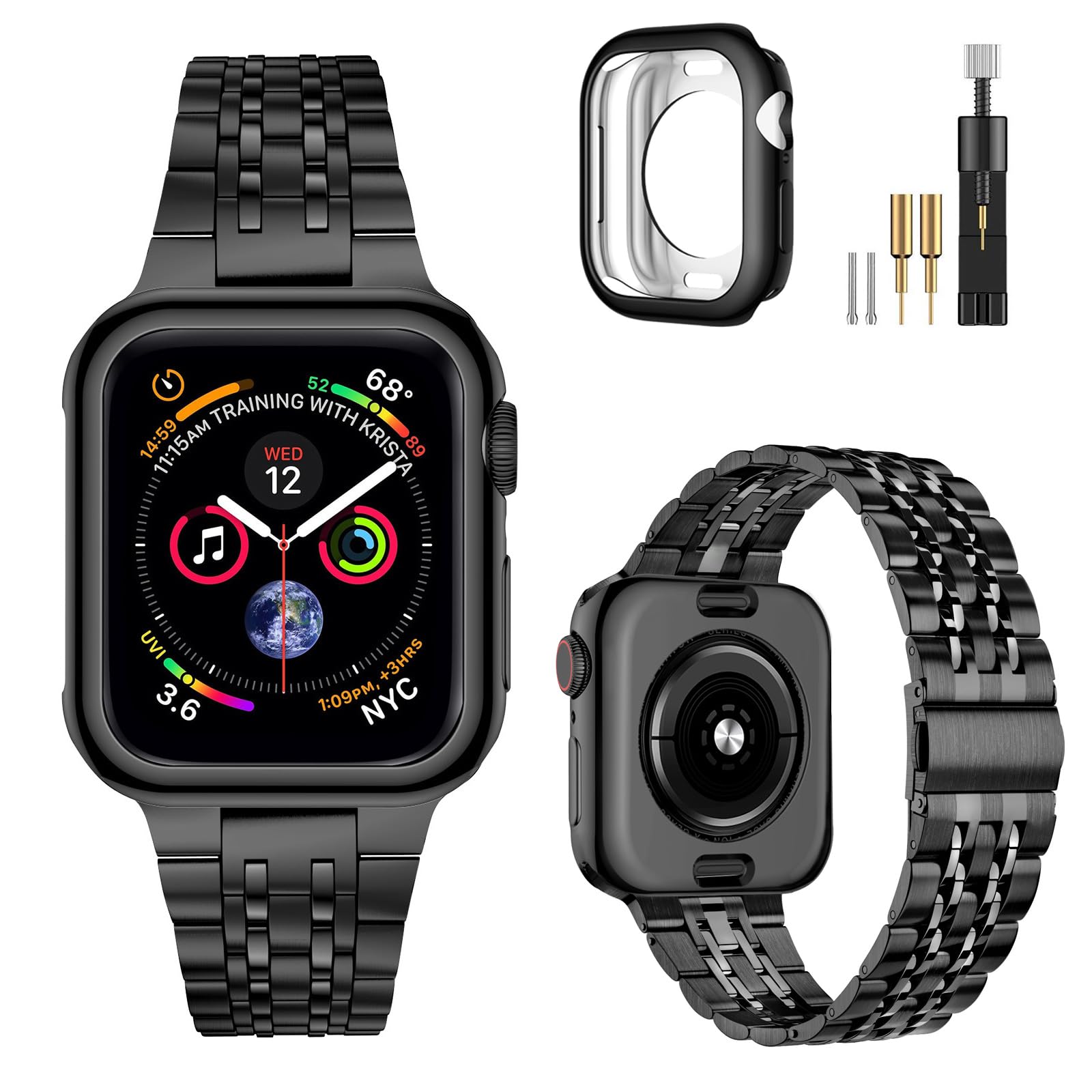 MioHHR Compatible with Apple Watch Strap 38mm 40mm 41mm, Solid Stainless Steel Metal Band for iWatch Series 9 8 7 6 5 4 3 2 1 SE Men and Women (Black)