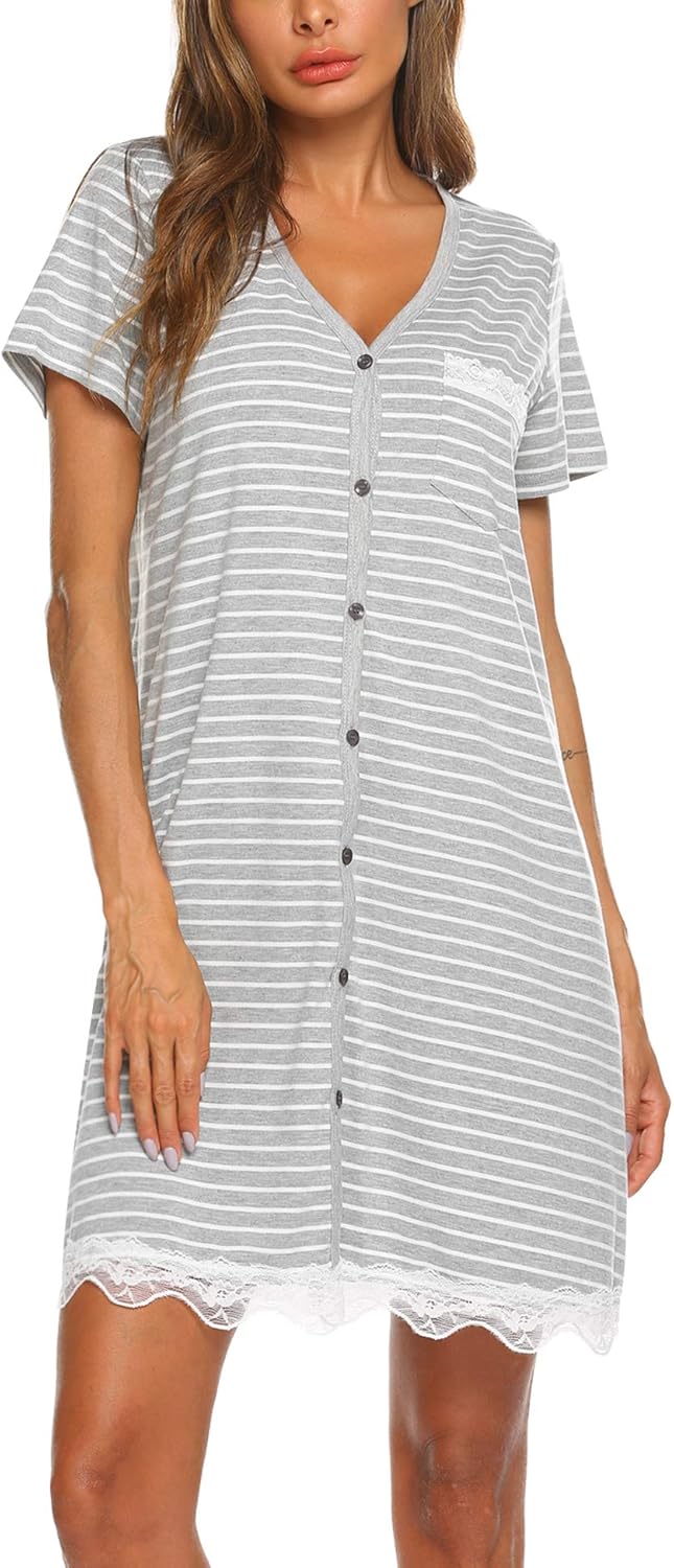 Ekouaer Women's Nightgown Striped Tee Short Sleeve Sleep Nightshirt Breastfeeding Loungewear Button Down Pajama Dress at  Women’s Clothing store