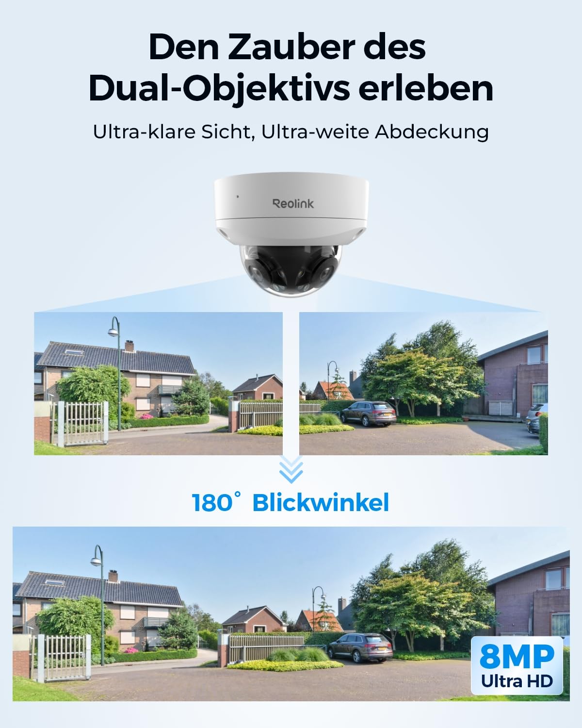 Reolink 4K 8MP 180° Dual-Objektiv PoE IP-Kamera, IK10 Vandalismusschutz, Personen-/Fahrzeug-/Tiererkennung, IR- und Farb-Nachtsicht, Zwei-Wege-Audio, IP67 Wetterfest, Power Over Ethernet, Duo 2V PoE 2