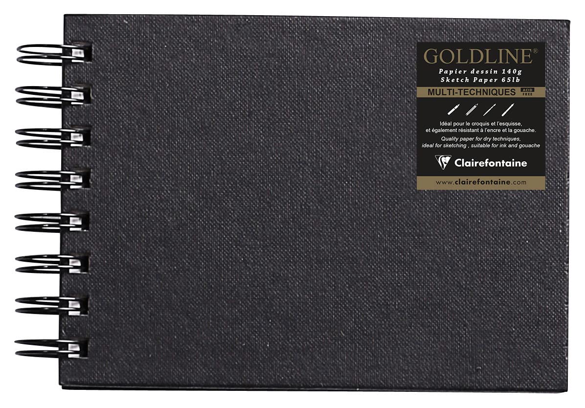 Clairefontaine - Ref 34259C - Goldline Wirebound Pad (64 White Sheets) - A6 Size, 140gsm Paper, Landscape Layout - Black Cover - Suitable for Dry Techniques — image 1