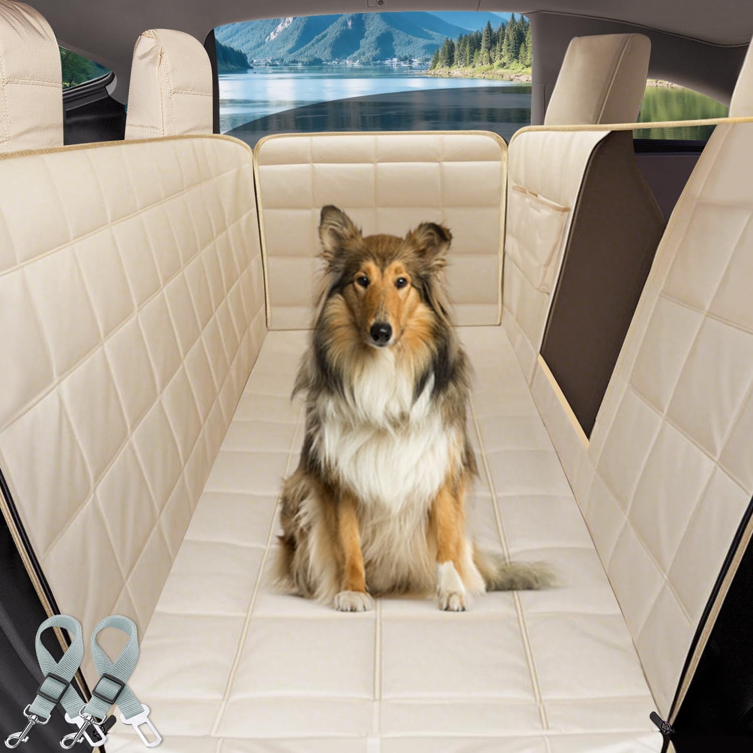 Photo 1 of Lassie Dog Car Hammock for 2020-2026 Tesla Model Y Back Seat Pet Cover for Dogs with 4 Headrests and 2 Seat Belts, 100% Waterproof Backseat Hammock Pet Seat Protector for Tesla Model Y