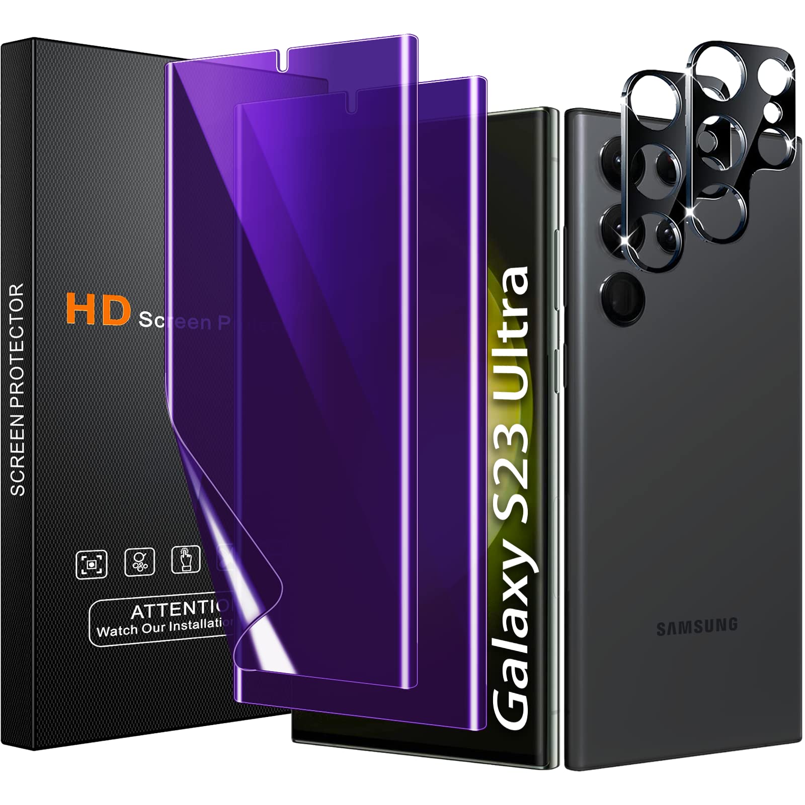 Photo 1 of [2+2 Pack] Lesakit Anti-Blue Light Privacy Screen Protector for Samsung Galaxy S23 Ultra 6.8 inch with 2 Pack Camera Lens Protector, [Support Fingerprint ID] Anti Spy TPU Flexible Screen Protector- Purple