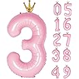Gifloon Number 3 Balloon with Crown, Large number balloons 40 inch, 3rd Birthday Party Decorations Supplies Third Birthday Sign Decor, Pink