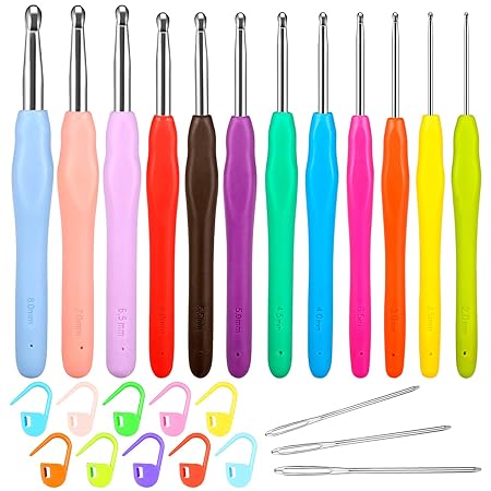 PAMIYO 12 Stück Häkelnadeln Set Häkelnadel Softgriff Aluminium, Häkelnadel Set mit Bunte Ergonomische Weich Gummi Komfort Gri