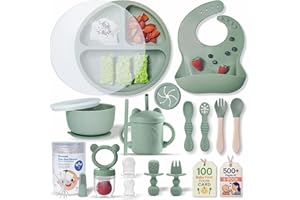 Remonda 23-Piece BPA-Free Silicone Baby Feeding Set | Extra Large Suction Plates, Toddler Bowls, Self Feeding Spoons, and More | Dishwasher Safe| Baby Led Weaning Supplies (Green)
