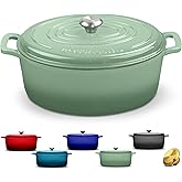 ROSSALLINI Signature Enameled Cast Iron Oval Dutch Oven | Non-Stick Serving Pot with Tight Fitting Lid for Perfect Roasting, Baking, Sauteing, and Bread Making | 5Q [Sage]
