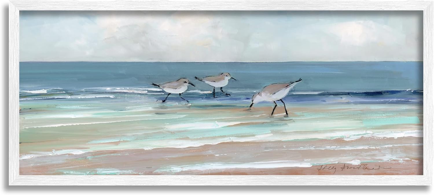 Paintings - Stupell Industries Panoramic Sandpipers Birds Shoreline Ocean Landscape Painting,Design by Sally Swatland