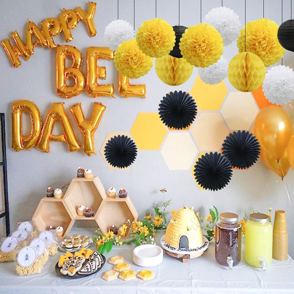 Yellow White Black Party Decorations 16pcs Paper Pom Poms Honeycomb Balls Lanterns Tissue Fans for Bee Day Party Batman Birthday Graduation Baby Shower: Arts, Crafts & Sewing
