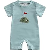 Scloutarry Newborn Boys Outfits Short Sleeve Stripe Embroidery Fire Extinguisher/Football/Baseball/Basketball Summer Romper