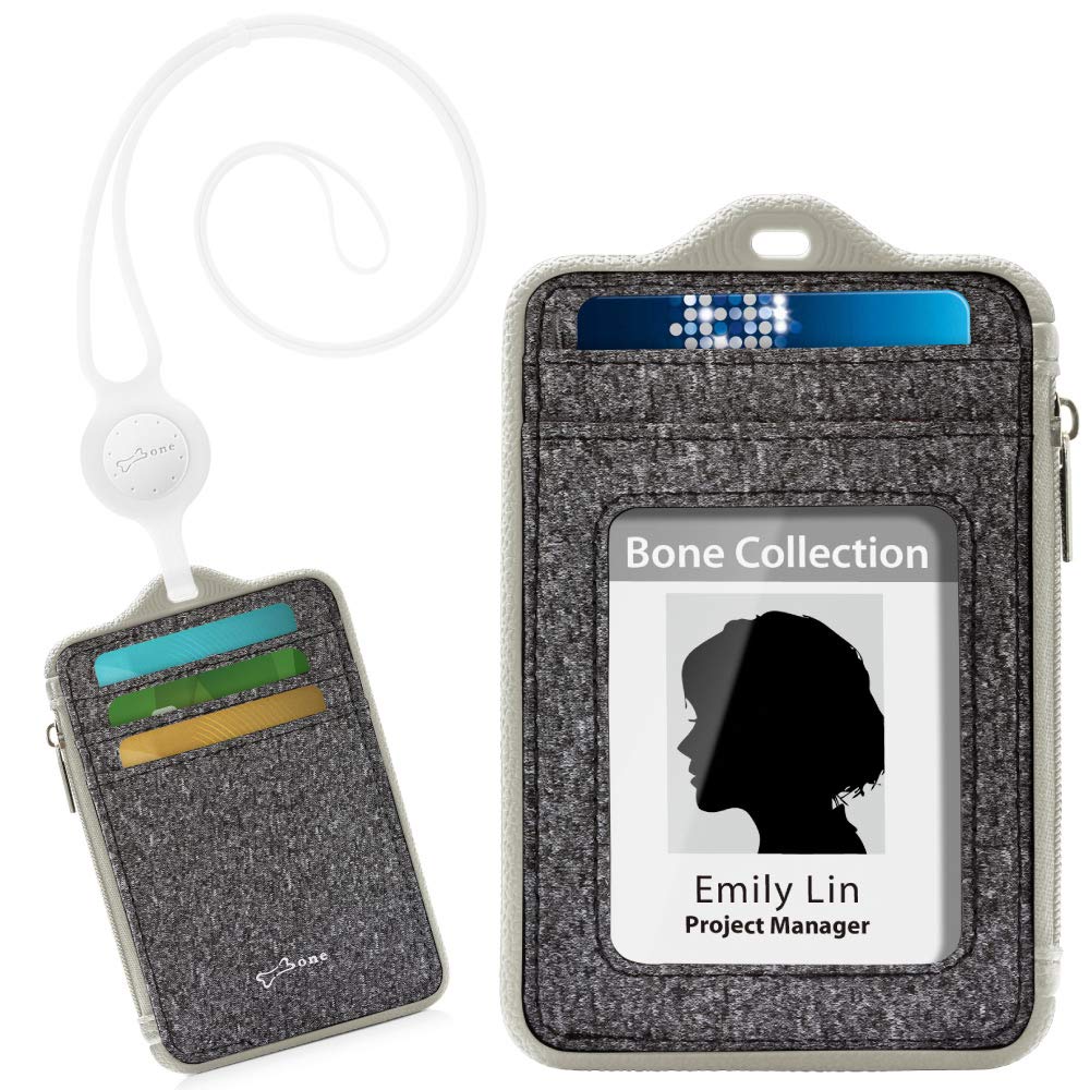 Bone Lanyard Wallet, ID Badge Holder with Zip, Premium Leather Badge Holder Wallet Case with ID Window, Credit Card Slots, Zipper Pocket and Silicone Neck Lanyard (White)