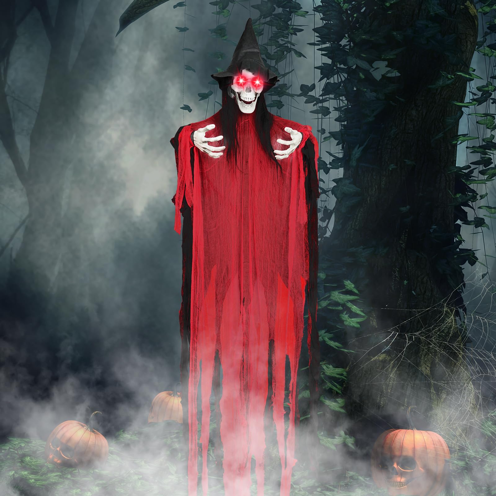 Photo 1 of 74.8" Halloween Decorations Outdoor - Moving Life-Size Skeleton Witch with Glowing Eyes, Sound-Actived Halloween Party Decoration with Creepy Sound (RED)