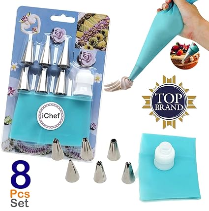 iChef � - 8 Piece Cake Decorating Set Frosting Icing Piping Bag Tips with Steel Nozzles