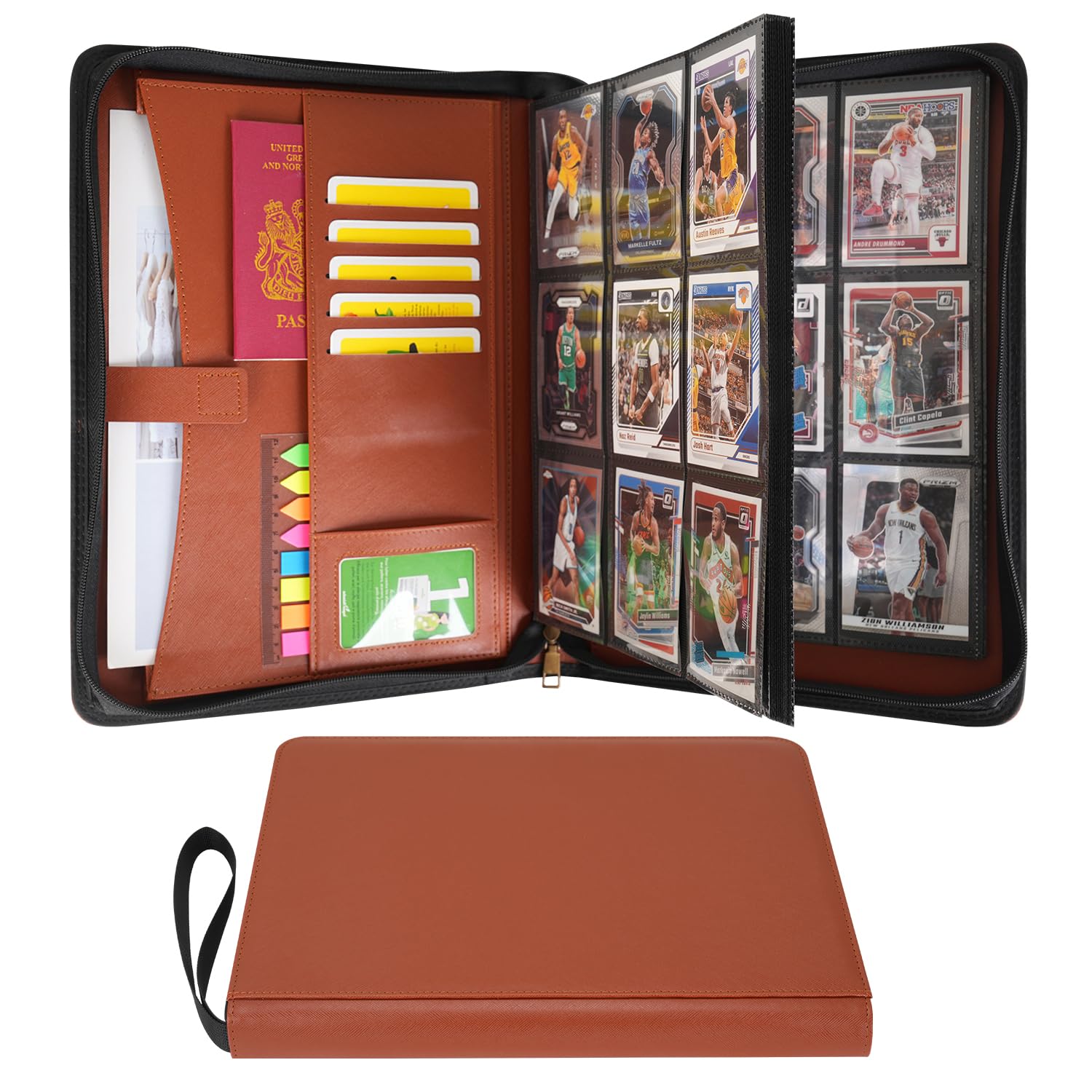 Wonderpool Trading Card Album A4 Binder 9-Pocket with Zipper for 540 Card, Leather pu Card Holder Folders Storage, 30 Side-Loading Pages for MTG, TCG, Game Sleek Sports Cards Collectible (Brown)