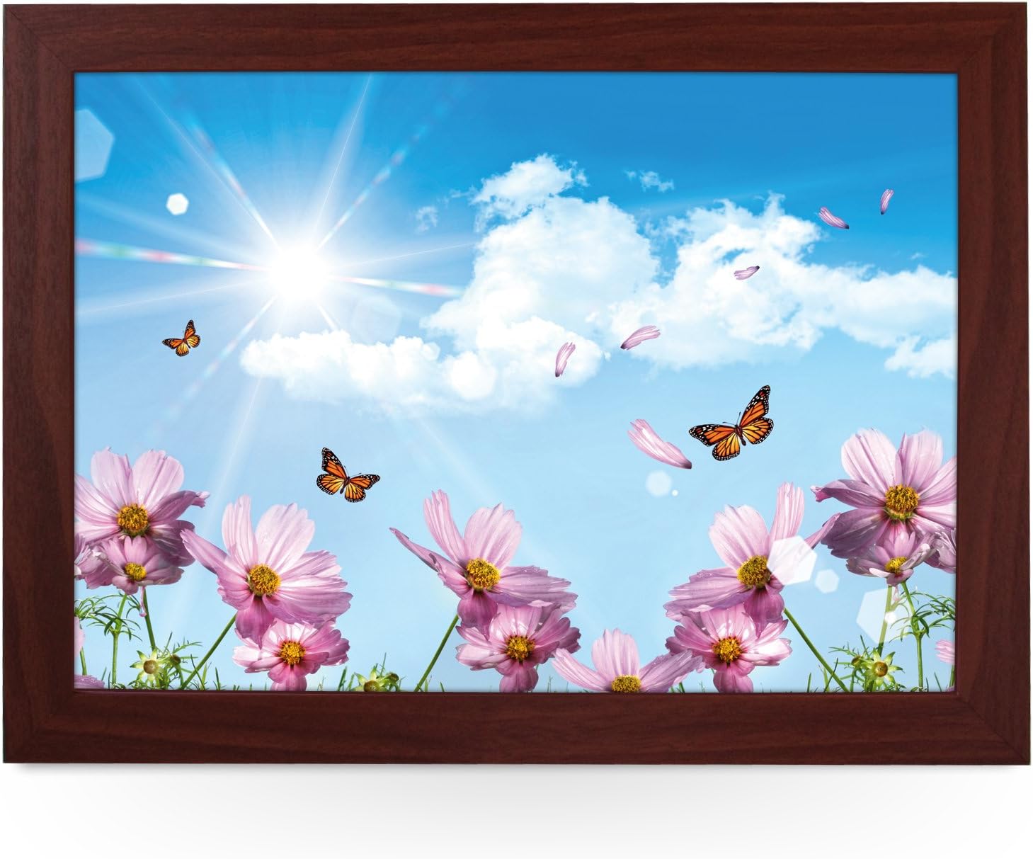 Portable Lap Desk Tray (Butterflies and Cosmos Flowers) Handmade Wooden Frame, Beanbag Cushioned Bottom | Computers, Laptops, Meals, Food | L0214 Brown