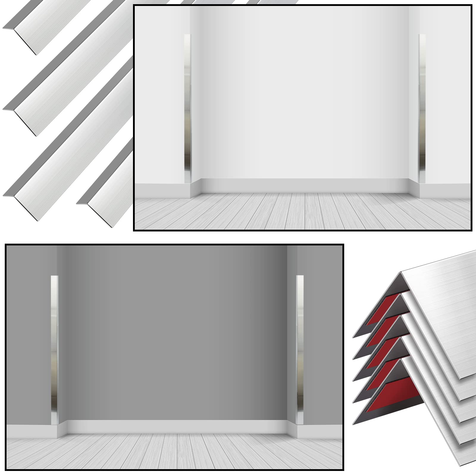 Therwen 10 Pcs Self Adhesive Stainless Steel Corner Guards Wall Corner Protector Pack Metal Corner Trim with 90 Degree Angle for Wall Protection Decoration Accessories (1.5 x 1.5 x 36 Inch)