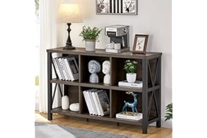 FATORRI Rustic 6 Cube Storage Organizer with Shelf, Wood and Metal Cubby Bookcase, Industrial Horizontal Bookshelf (Walnut Brown, 47 Inch)