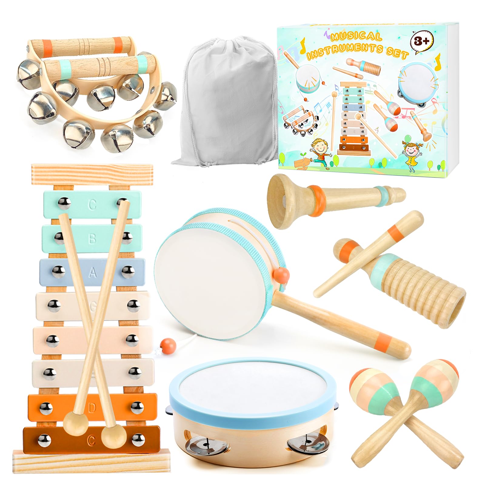 Kids Musical Instruments Montessori Musical Toys Baby Musical Instrument with Maracas Tambourine Xylophone Percussion Instruments Set for Boys Girls Gift