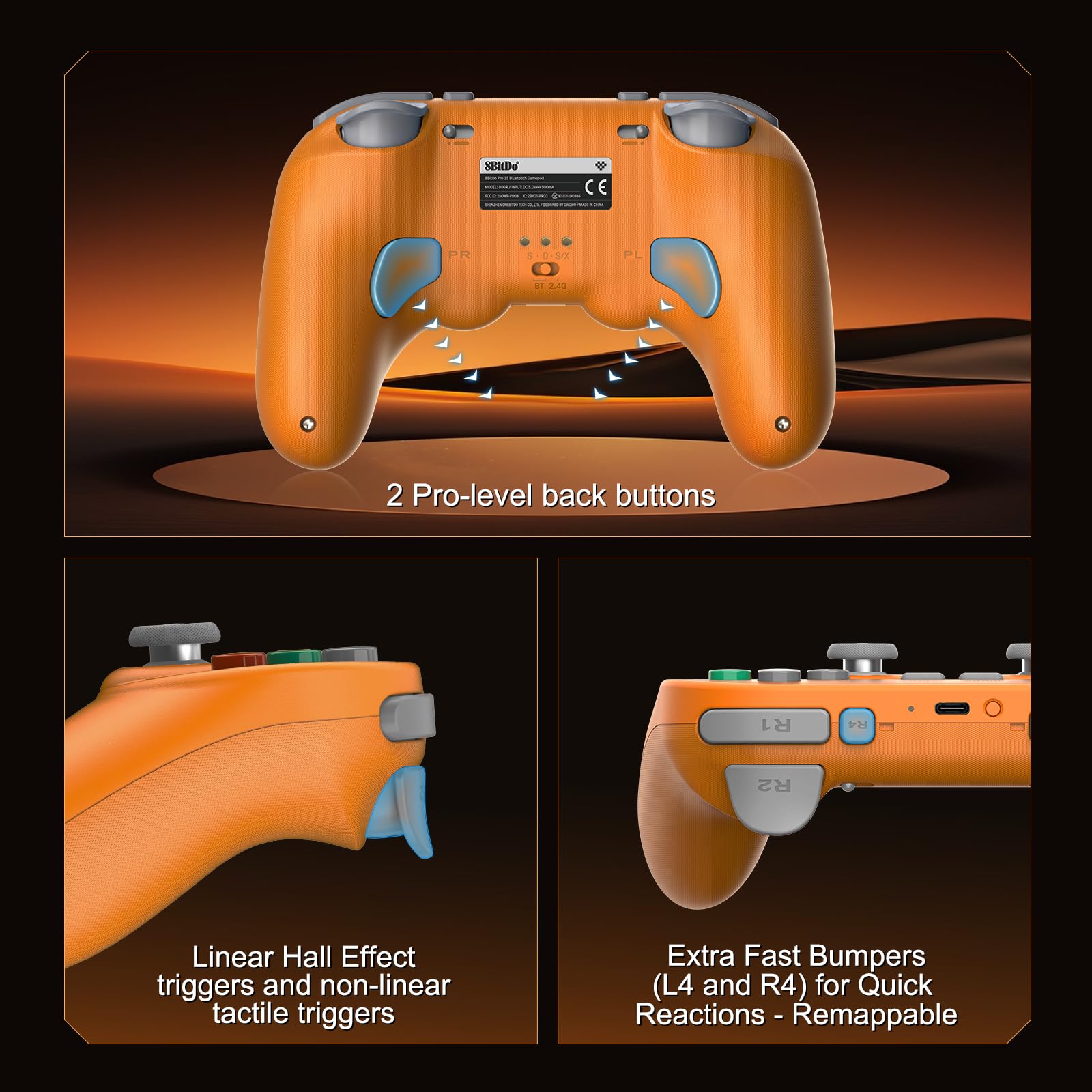 8BitDo Pro 3 Bluetooth Controller for Switch/Switch 2,TMR Joysticks,Programmable Pro Back Buttons&R4/L4 Bumpers,Hall/Tactile Triggers,Swappable ABXY Buttons,for Windows,Apple,SteamOS,Android - Orange