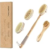 DEBETOOL Dry Brushing Set - Natural Boar Bristle Body & Face Brush, Wooden Long Handle Scrub Brush for Cellulite & Lymphatic Drainage Body Care, Detachable, 3 Brush Heads