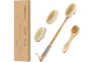 DEBETOOL Dry Brushing Set - Natural Boar Bristle Body & Face Brush, Wooden Long Handle Scrub Brush for Cellulite & Lymphatic Drainage Body Care, Detachable, 3 Brush Heads