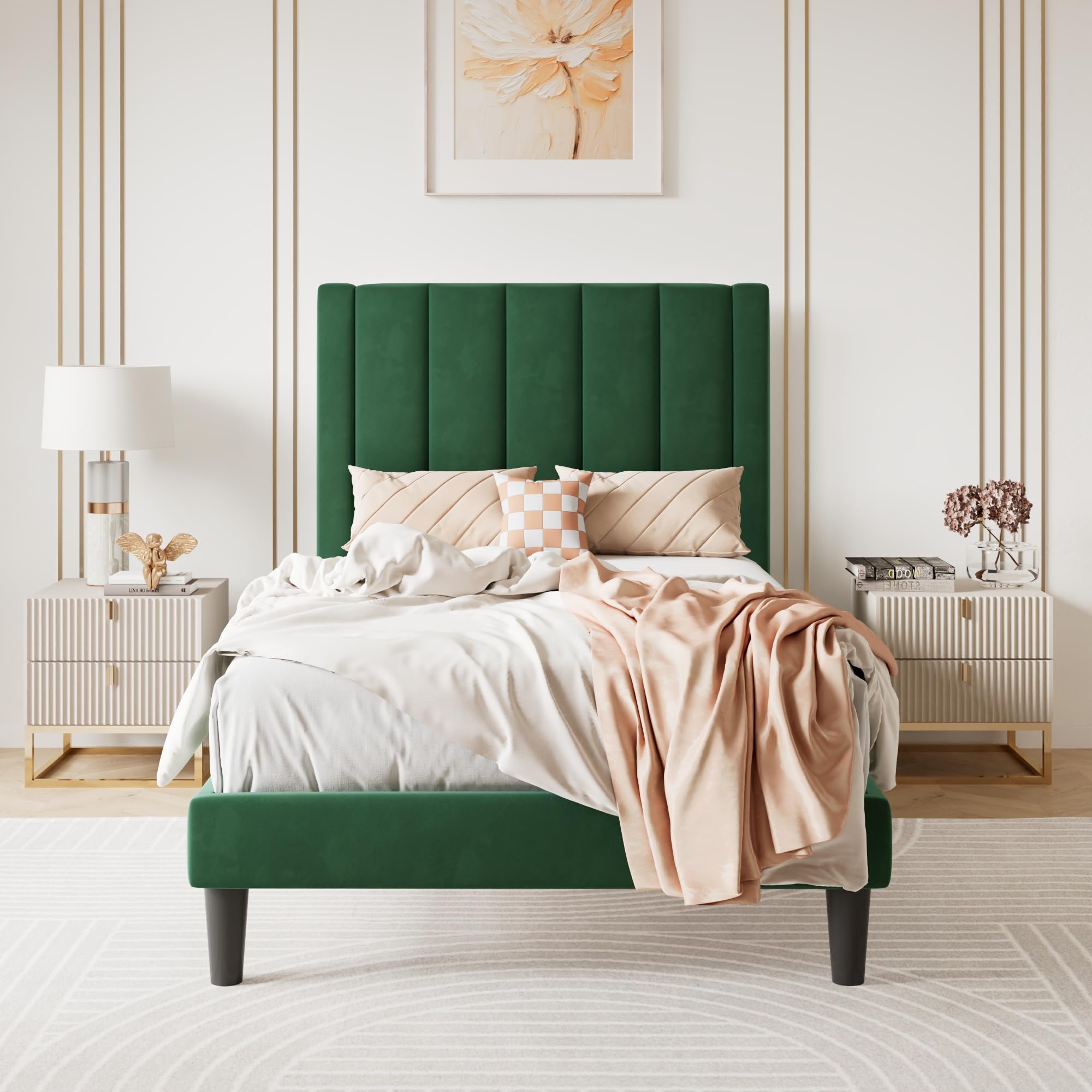 SHA CERLIN Twin Bed Frame/Velvet Upholstered Platform Bed Frame with Headboard/Strong Wood Slats Support/Mattress Foundation/No Box Spring Needed - Green Image
