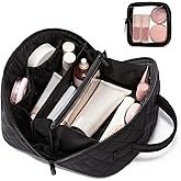 LOVEVOOK Travel Makeup Bag for Women, 2Pcs Puffer Waterproof Cosmetic Organizer, Large Capacity Pouch Open Flat Small Toiletry Bag with Brush Compartment & Handle (Black, Medium)