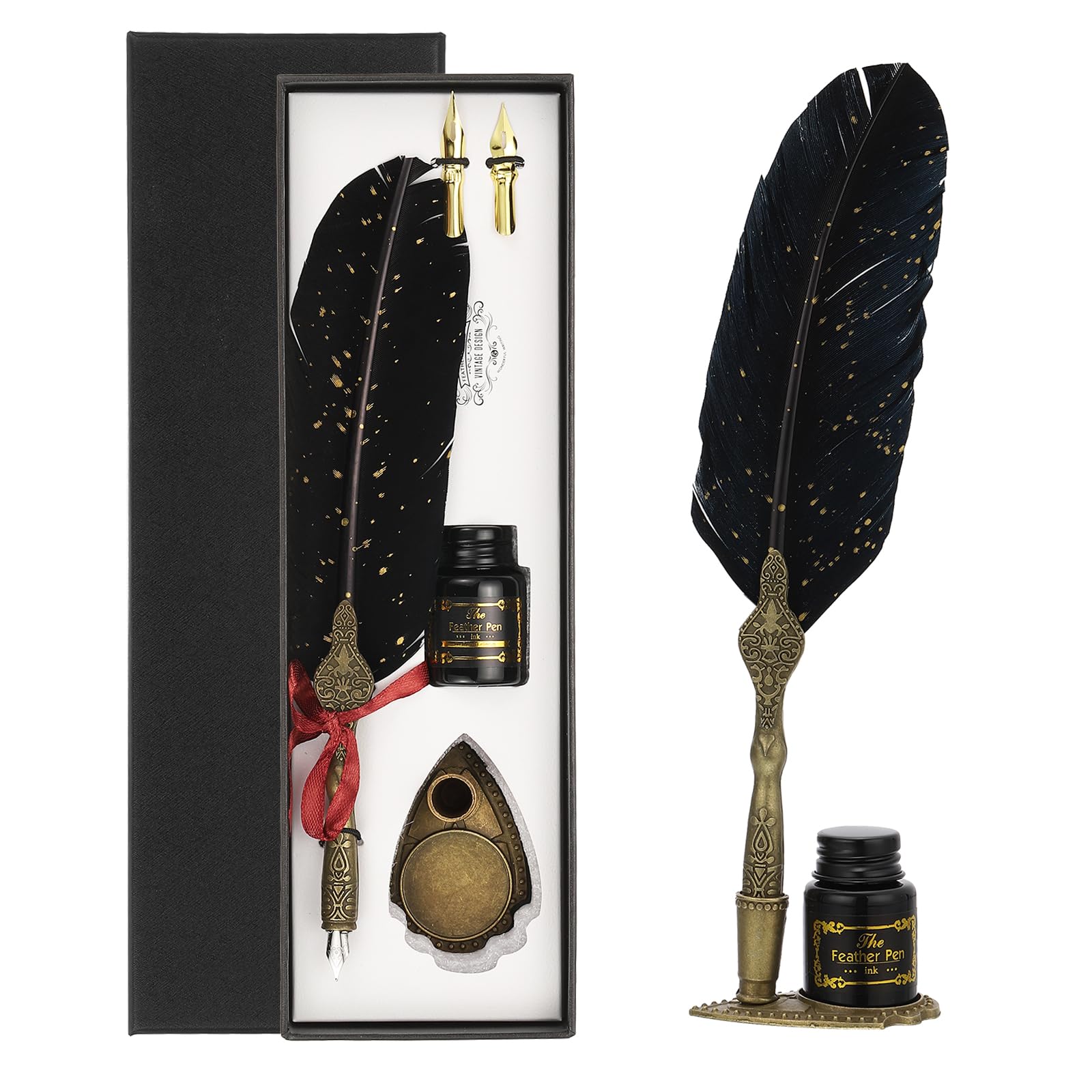 PATIKIL 25cm/10 Carved Feather Pen Set, Vintage Quill Pen with Ink Set 2 Replacement Nibs Stand Base for Calligraphy Writing Dip Pen Office, Black