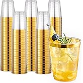 JOLLY CHEF 200 Pack 10 oz Gold Plastic Cups Elegant Gold Rimmed Disposable Cups Heavy-Duty Party Cups for Wedding, Thanksgiving, Christmas Parties