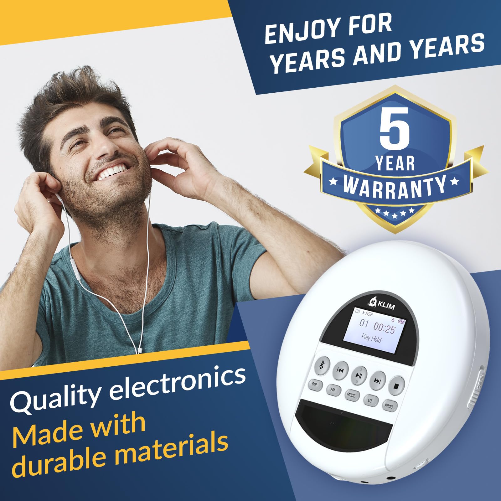 KLIM Nomad - New - Portable CD Player with Long-Lasting Battery - with Headphones - Radio FM - Compatible MP3 CD Player Portable - TF Card Radio FM Bluetooth - Ideal for Cars - White