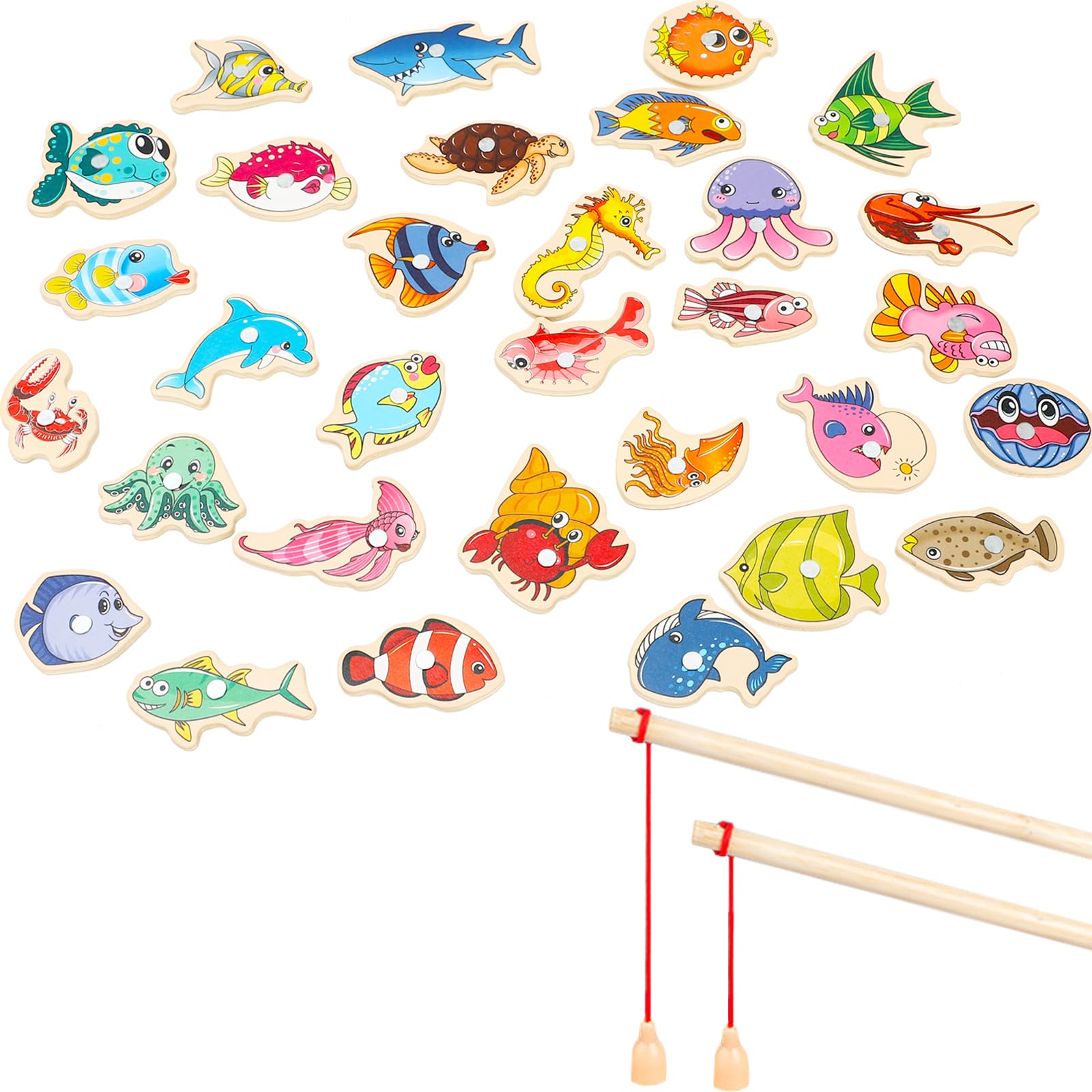 Photo 1 of ONEST 34 Pieces Magnetic Fishing Game for Kids Wooden Magnet Fishing Game Wooden Magnetic Toys for Kindergarten Preschool Girl Boy