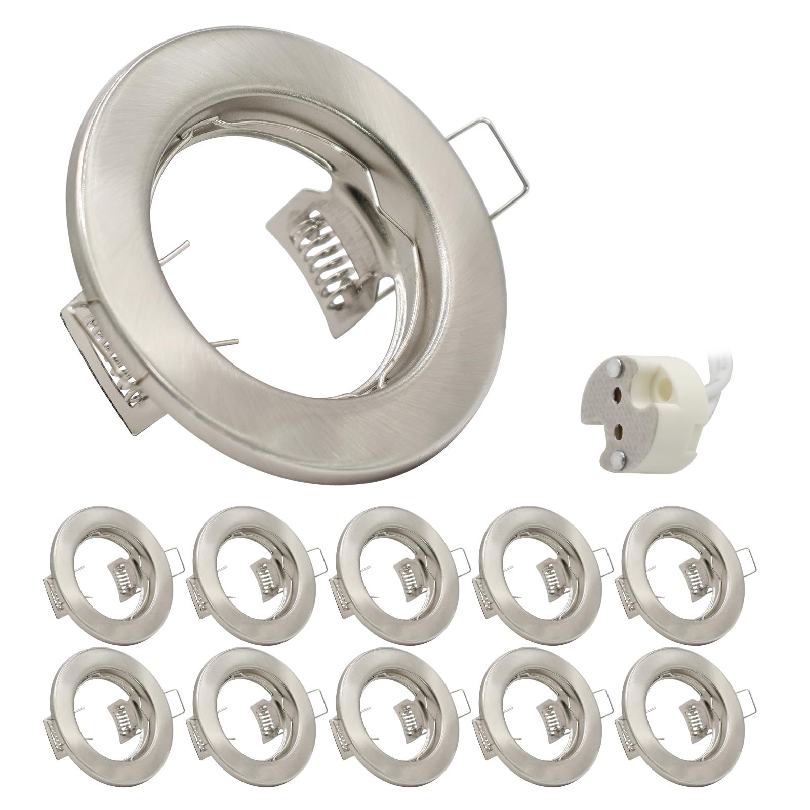 Photo 1 of JOYINLED LED Recessed Ceiling Light Mounting Frame Round Satin Nickel Spotlight Fittings incl. MR 16 Socket, Metal Downlight Frame for Ceiling Spotlight MR16 GU 10 & Halogen Bulb, 10 Pack